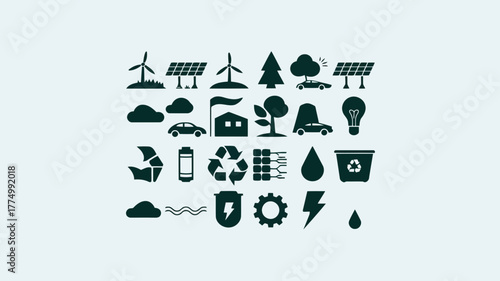 A set of black and white icons symbolizing environmental sustainability, renewable energy, and ecofriendly concepts for green initiatives