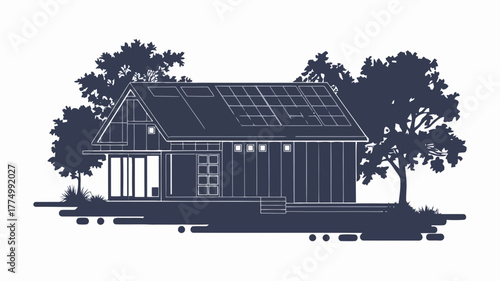 Modern house with solar panels and trees, architectural drawing style, ecofriendly building concept