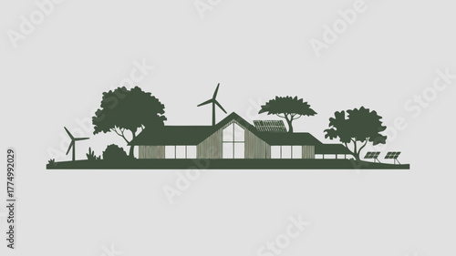 Ecofriendly house with solar panels and wind turbines, sustainable living concept, modern architecture