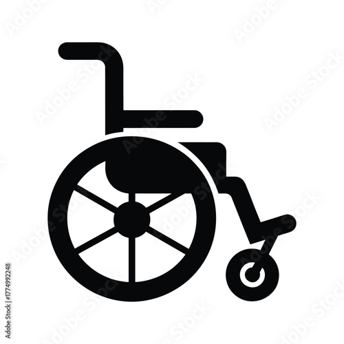 Black silhouette of a wheelchair with large spoked wheels and a smaller front wheel on a white background.