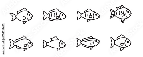 Collection of simple black and white outline doodle icons featuring various cute cartoon fish swimming on an isolated white background