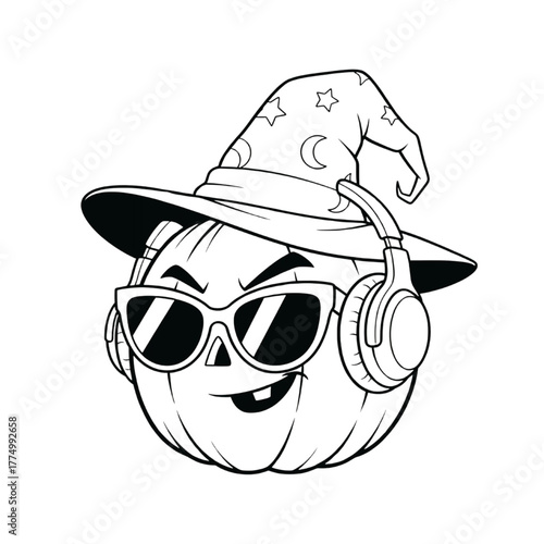 Cool Pumpkin with Witch Hat Headphones and Sunglasses Line Art Illustration
