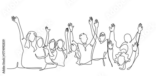Cheerful crowd cheering illustration. Hands up. Group of applause people continuous one line vector drawing