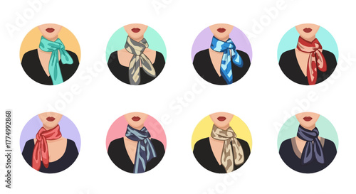 women avatars wearing various stylish neck scarves and silk bandanas in a colorful flat circle style.