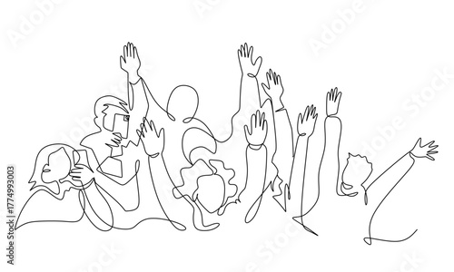 Cheerful crowd cheering illustration. Hands up. Group of applause people continuous one line vector drawing