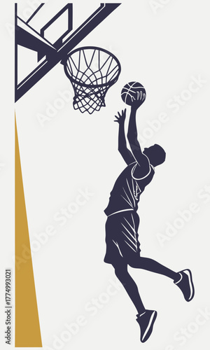 A silhouette graphic of a basketball player jumping high to dunk a ball into a hoop, illustrating dynamic sports action.