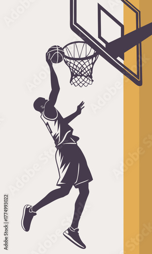 A dynamic graphic illustration of a basketball player performing a powerful slam dunk, with the ball going through the hoop.