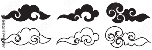  Chinese clouds icon. Set of elegant black cloud silhouettes and outlines on white background, ideal for luxury design, weather icons, or digital art.

