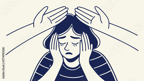 A minimalist illustration depicting a person experiencing distress or sadness, with two hands offering comfort and support on their head.