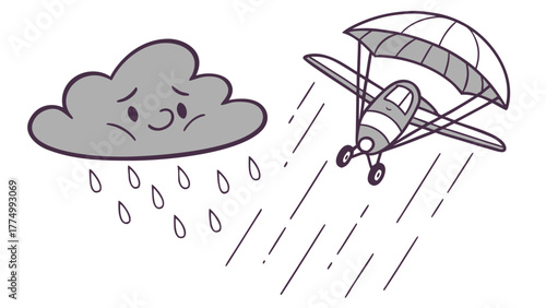 A cartoon image of a sad rain cloud and a small airplane flying through the rain.