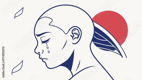 Minimalist line art illustration of a person with a shaved head crying, with a red sun and falling leaves.