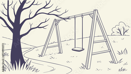 A simple line drawing of an outdoor swing set with a large tree and winding path in a park.