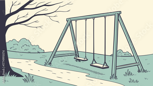 A simple illustration of a swing set in a park with a tree and path, depicting a peaceful outdoor scene.