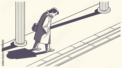 A person walks on a sidewalk between two columns, casting long shadows in a minimalist illustration.