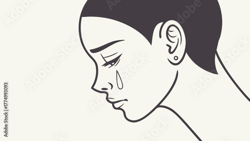 A minimalist line art illustration of a woman's profile, with a tear rolling down her cheek, depicting sadness and crying.