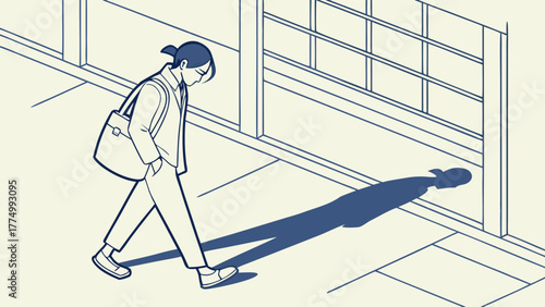 A young woman walks alone on a sidewalk with a long shadow stretching before her, depicted in a minimalist line art style.