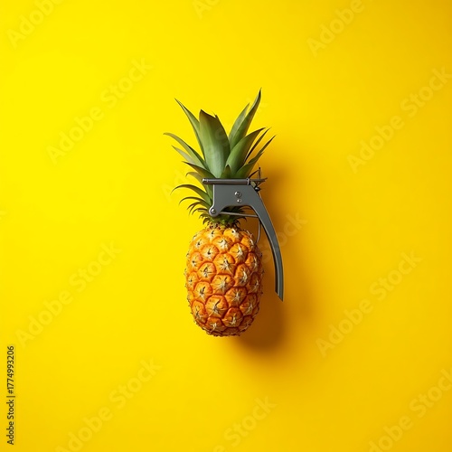Pineapple grenade on yellow background creative still life summer fruit tropical food concept art 100 character