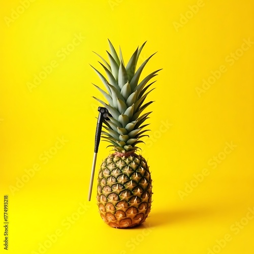 Fresh pineapple with straw on yellow background tropical fruit summer drink healthy food vibrant color 100