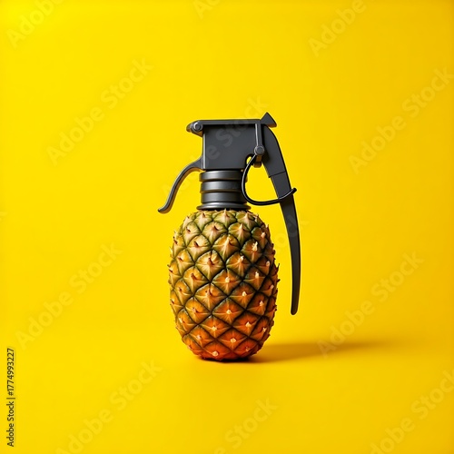 Pineapple grenade creative concept on yellow background tropical fruit weapon idea summer art design