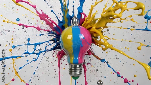 imaginative representation of an illuminated idea with an eruptive effect  featuring splatters of vivid colors on a plain background  symbolizing creative thought and unconventional