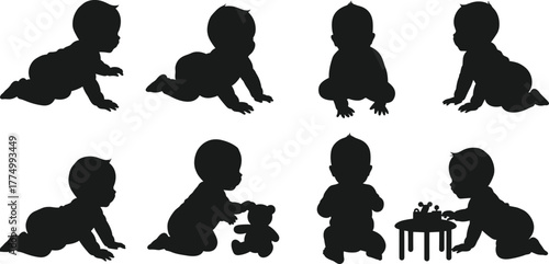 Baby silhouette vector illustration, crawling baby, sitting baby, playing baby, infant poses, child development, toddler activities, nursery design, childhood growth, parenting concept