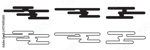  Chinese clouds icon. Set of elegant black cloud silhouettes and outlines on white background, ideal for luxury design, weather icons, or digital art.
