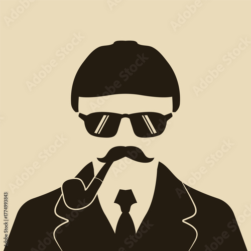 Stylized vector illustration of a modern detective character in silhouette style, featuring a hat, sunglasses, mustache, and pipe.