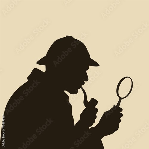 Silhouette of a classic detective character wearing a vintage hat and holding a magnifying glass and pipe