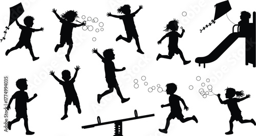 Children playing outdoors silhouette vector, kids flying kite, blowing bubbles, running, sliding, jumping, seesaw activity, childhood fun, outdoor recreation, black illustration