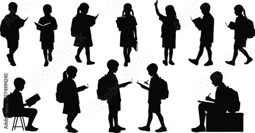 Children silhouettes reading and writing, school kids with backpacks, education vector illustration, literacy concept, student activity design, classroom learning, childhood study, academic lifestyle