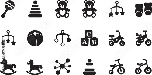 Children toy silhouettes, baby rattle, stacking rings, teddy bear, rocking horse, tricycle, bicycle, alphabet blocks, baby booties, mobile, ball, vector illustration set