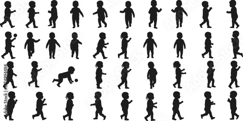 Children silhouettes walking, standing, playing, reaching, running, ball activity, park recreation, childhood motion, vector illustration, outdoor fun, active kids, playground poses, dynamic actions