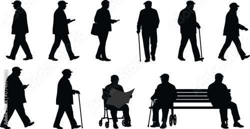 Elderly people silhouettes, senior citizens walking, standing, sitting, using cane, walker,