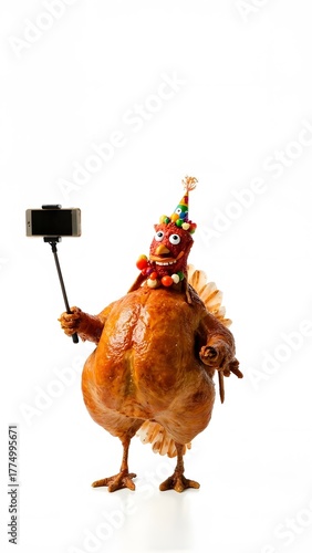 A turkey funny day meme character with a party hat challenges every thanksgiving table manner rule by taking a selfie before the feast