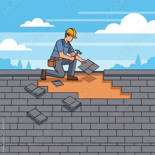 A construction worker kneels on a rooftop, repairing damaged shingles with precision and care under a bright, sunny sky.