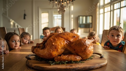 Children's hilarious anticipation as they eagerly peek at a golden roasted turkey, a funny scene capturing pre-Thanksgiving table manner antics and a perfect holiday day meme for family gatherings