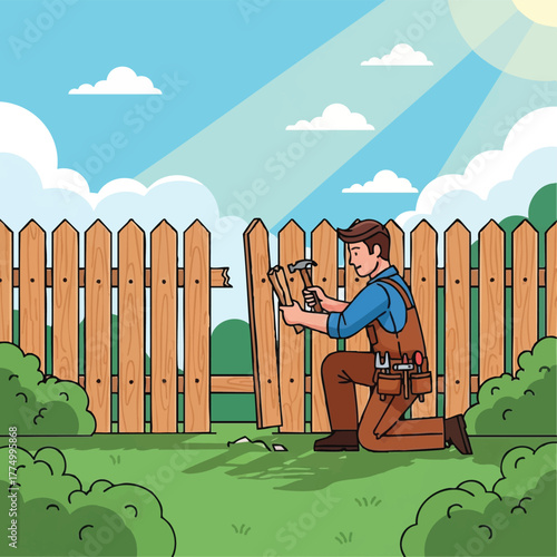A handyman is depicted kneeling and repairing a wooden fence in a sunny backyard, using a hammer and nails to fix a broken plank in the fence.