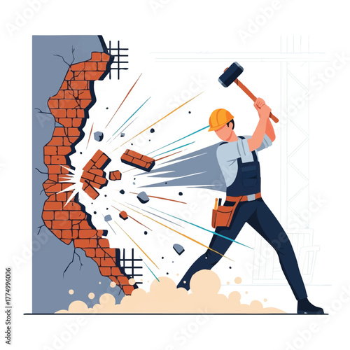 A construction worker in a hard hat powerfully demolishes a brick wall with a sledgehammer, showcasing strength and determination in a vector illustration.