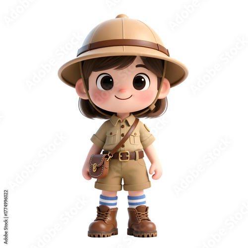 Cute little girl character in a safari explorer outfit, cheerful 3D minimal style, isolated on transparent background