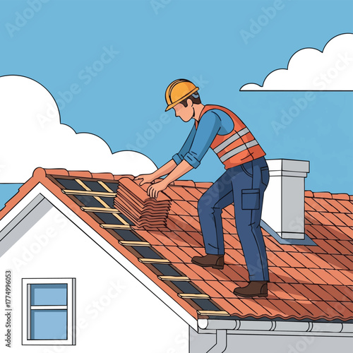 A construction worker in a hard hat and safety vest places roof tiles on a residential house under a bright blue sky with fluffy white clouds.
