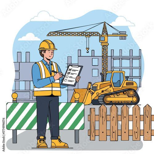 A construction worker in a yellow safety vest and helmet inspects a building site, overseeing progress with a clipboard.