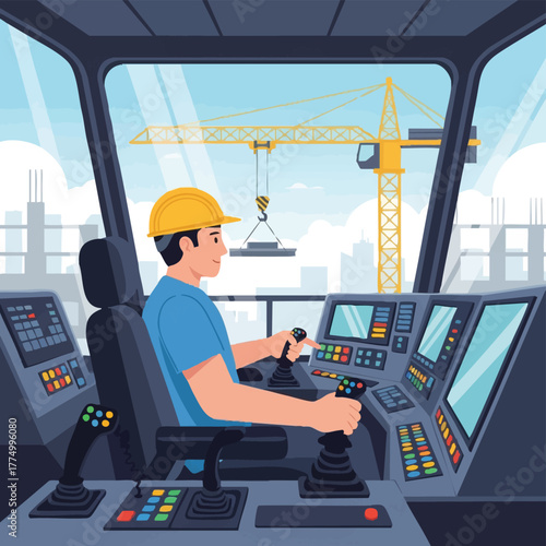 A construction worker operates a crane from the control room, overseeing the lifting of a metal beam on a sunny day at the construction site.