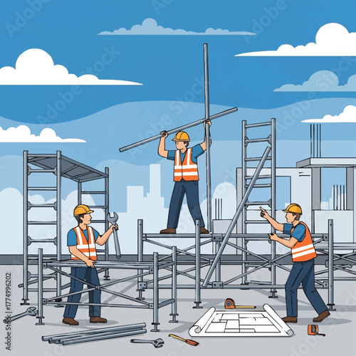 Construction workers assemble scaffolding on a building site, with blueprints and tools, under a bright blue sky with fluffy clouds in the background.