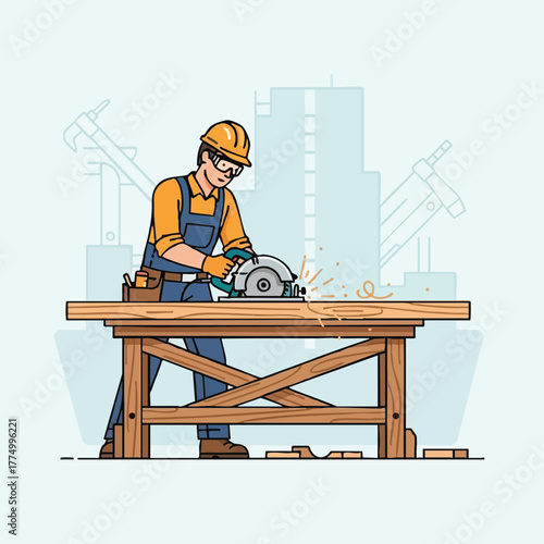 A skilled carpenter meticulously uses a circular saw to cut through wood on a sturdy workbench, showcasing precision and craftsmanship in construction.