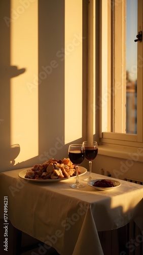 A Warm Thanksgiving Table, A Moment of Reflection Enjoying Delicious Food and Wine in the Soft Evening Light, Perfect for Day Memes and Turkey Funny Moments