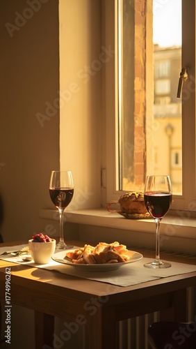 Thanksgiving table manner with turkey, day meme, funny meal setup, wine, sunlight, croissants