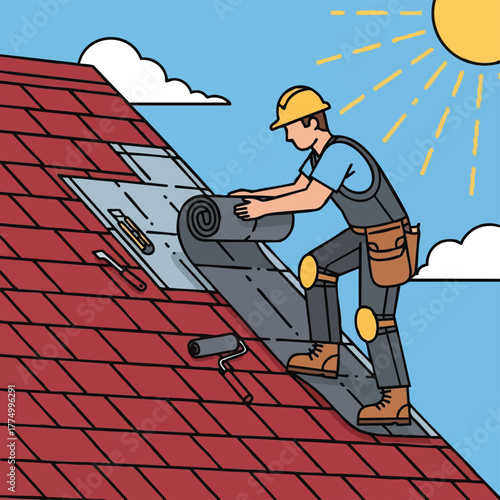 A construction worker carefully installs roofing material on a residential house under a bright, sunny sky, ensuring quality craftsmanship.