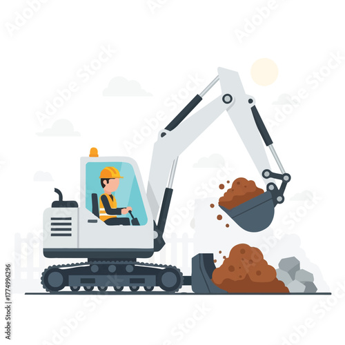 An illustration of a construction worker operating an excavator, digging and moving soil on a sunny day with a fence in the background.