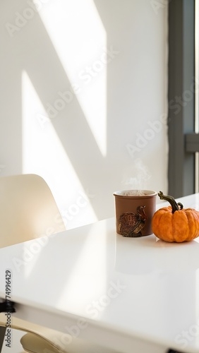 Thanksgiving table manner with pumpkin and mug, for fall day meme and turkey funny
