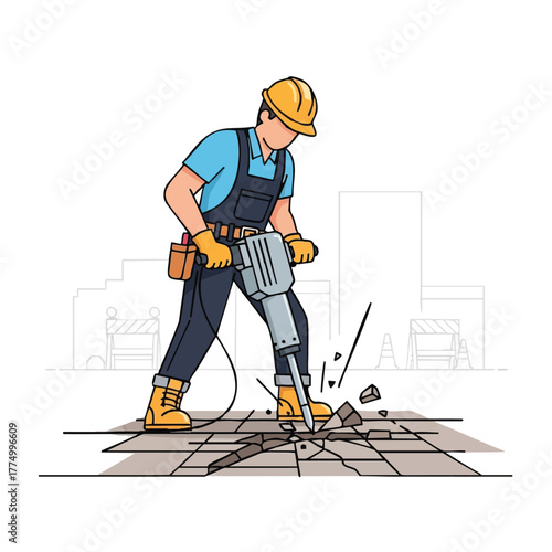 A construction worker uses a jackhammer to break up pavement, illustrating demolition and urban development with a vector illustration.